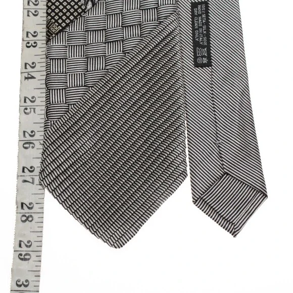Pleated Patchwork Neck Tie by Italo Ferretti 100% Silk in Black / White / Beige